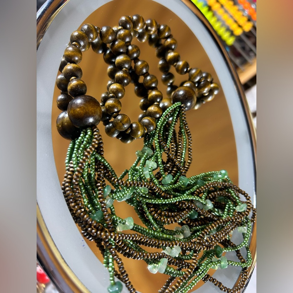 Vintage Boho Statement Necklace | Wood Beads & Green‎ Multi-Strand Tassels